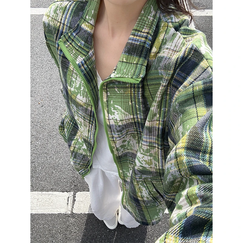 美式复古扎染格子情侣外套男春秋款cleanfit宽松港风少年感夹克