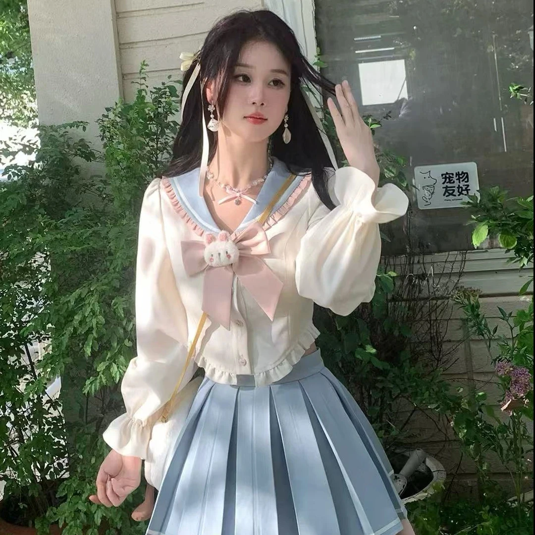 萌兔奶糖 甜美学院风套装春兔子蝴蝶结上衣粉蓝撞色半裙套装
