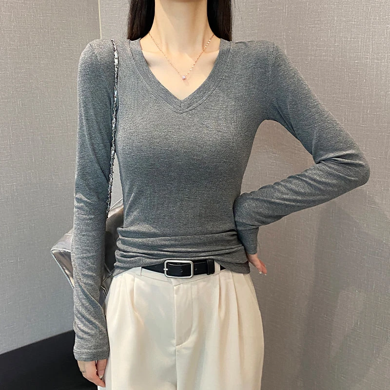 纯色螺纹针织V领长袖t恤女2025年秋冬低领修身打底衫内搭洋气上衣
