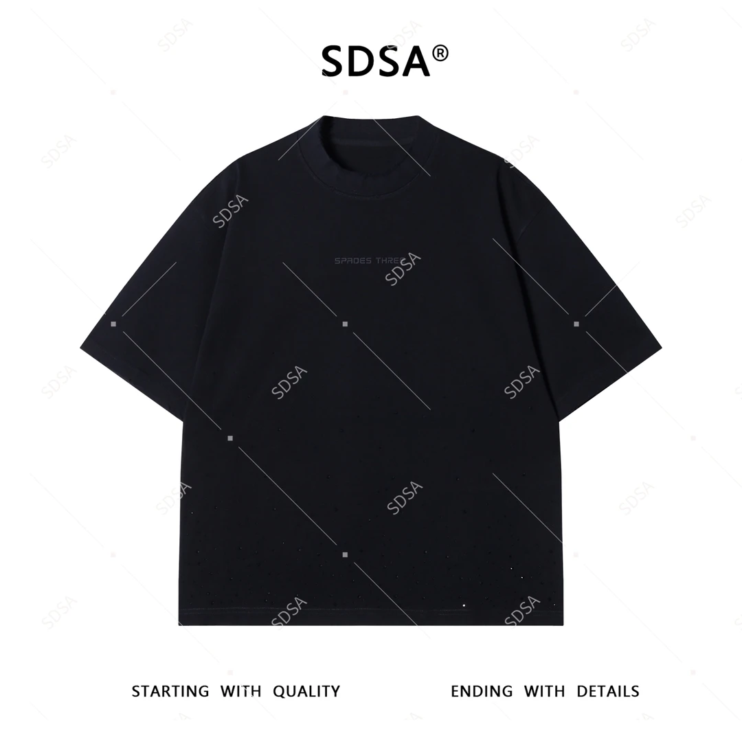 SDSA男士秋冬新款轻奢痞帅男装磨毛烫钻印花字母圆领短袖T恤潮牌