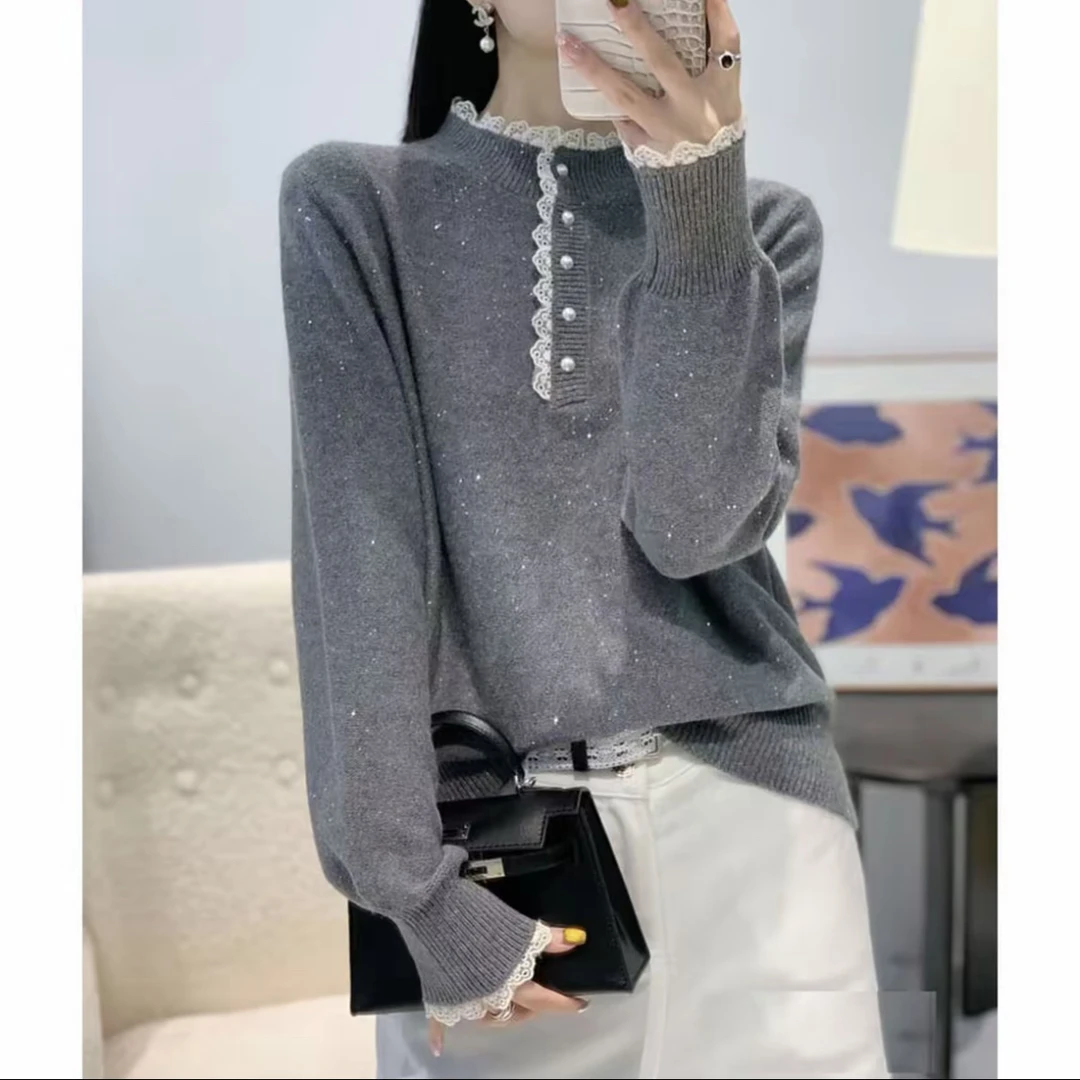 蕾丝边荷叶领安迪绒保暖毛衣长袖细闪亮片时尚毛衣百搭气质2026