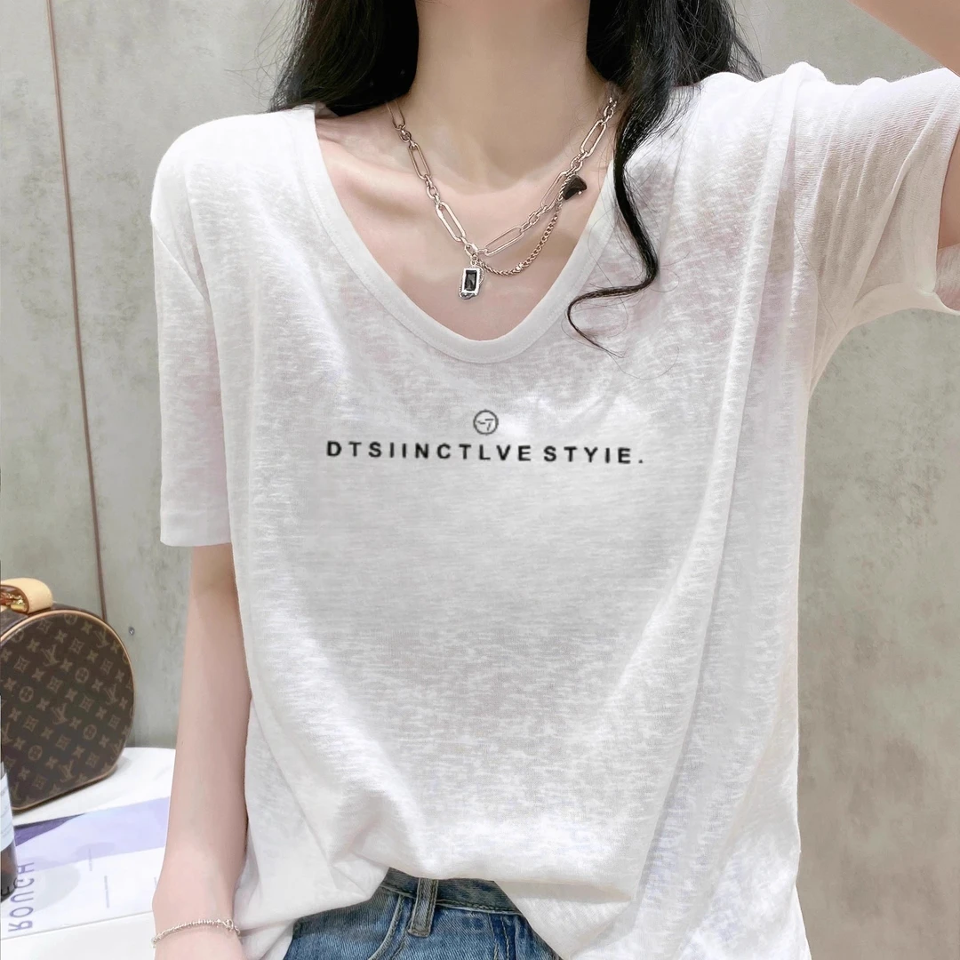 雪花棉短袖T恤女2025年夏季新款V领宽松大码正肩衣服上衣女装潮