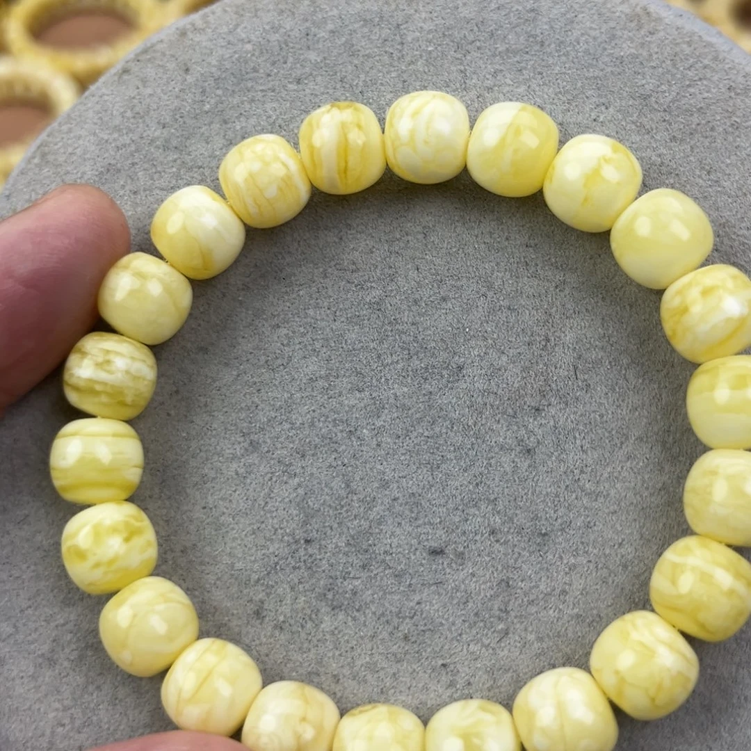 蜜蜡未镶嵌手串俄料同料瓷白花虎皮10.5*9.7腕口18+