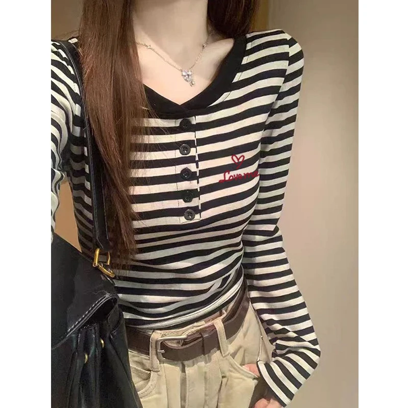 清仓捡漏~秋冬新款慵懒风休闲条纹打底衫德绒保暖圆领长袖T恤女款