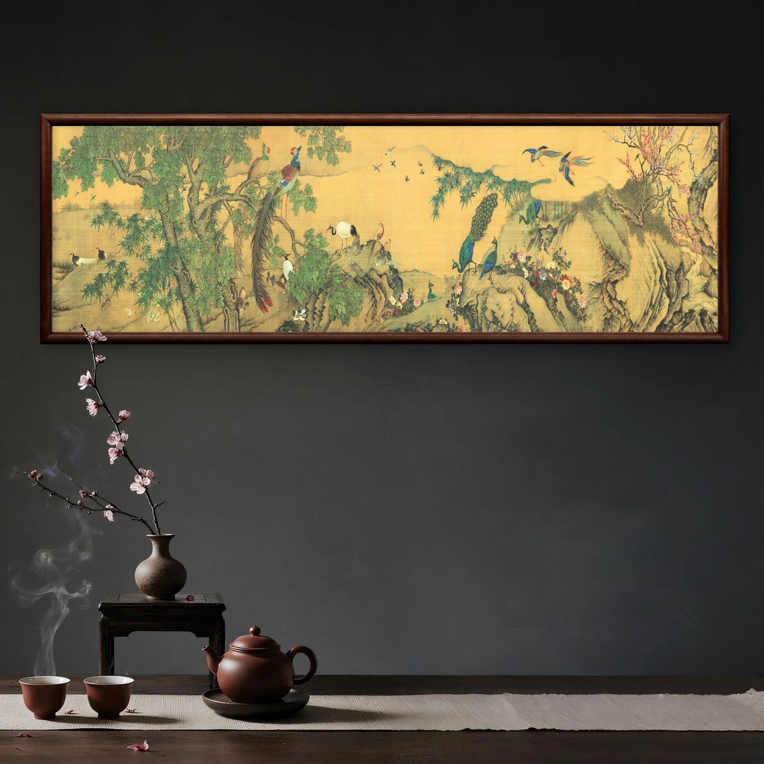9685 -40*120百鸟朝凤装饰画实木玄关书房茶室客厅挂画