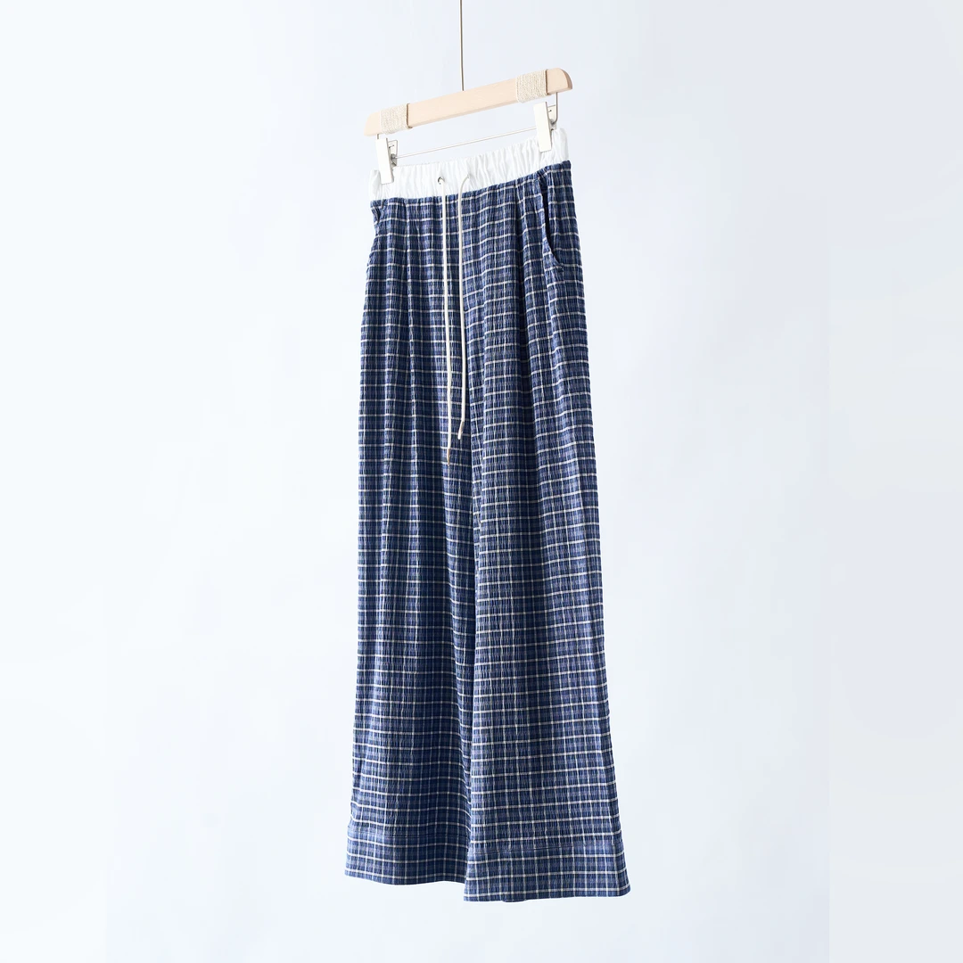 【YS11255】轻盈蓝色松紧腰休闲裤女复古阔腿宽松慵懒风女士格纹裤