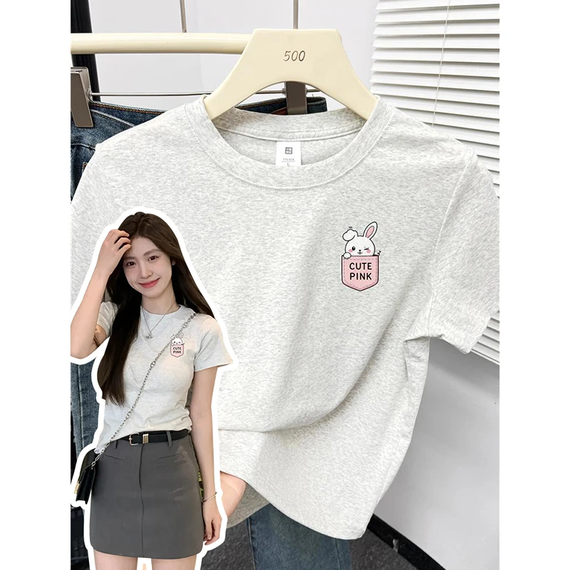 运补休闲正肩显瘦短袖t恤女洋气高弹力修身设计感韩版圆领棉上衣