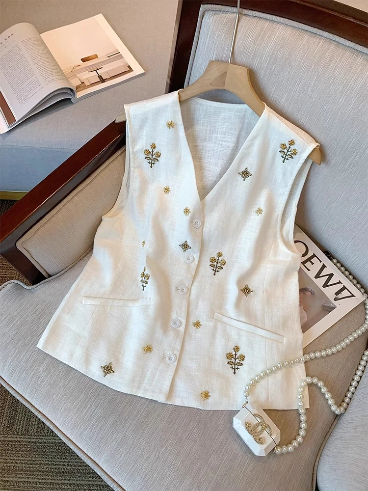 重工刺绣白色亚麻无袖上衣女2025夏季新款高级感v领马甲坎肩背心
