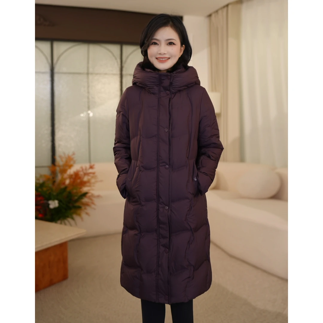 枫竺阿楠anan90白鸭绒连帽绗缝压胶中长款羽绒服女冬天防寒外套