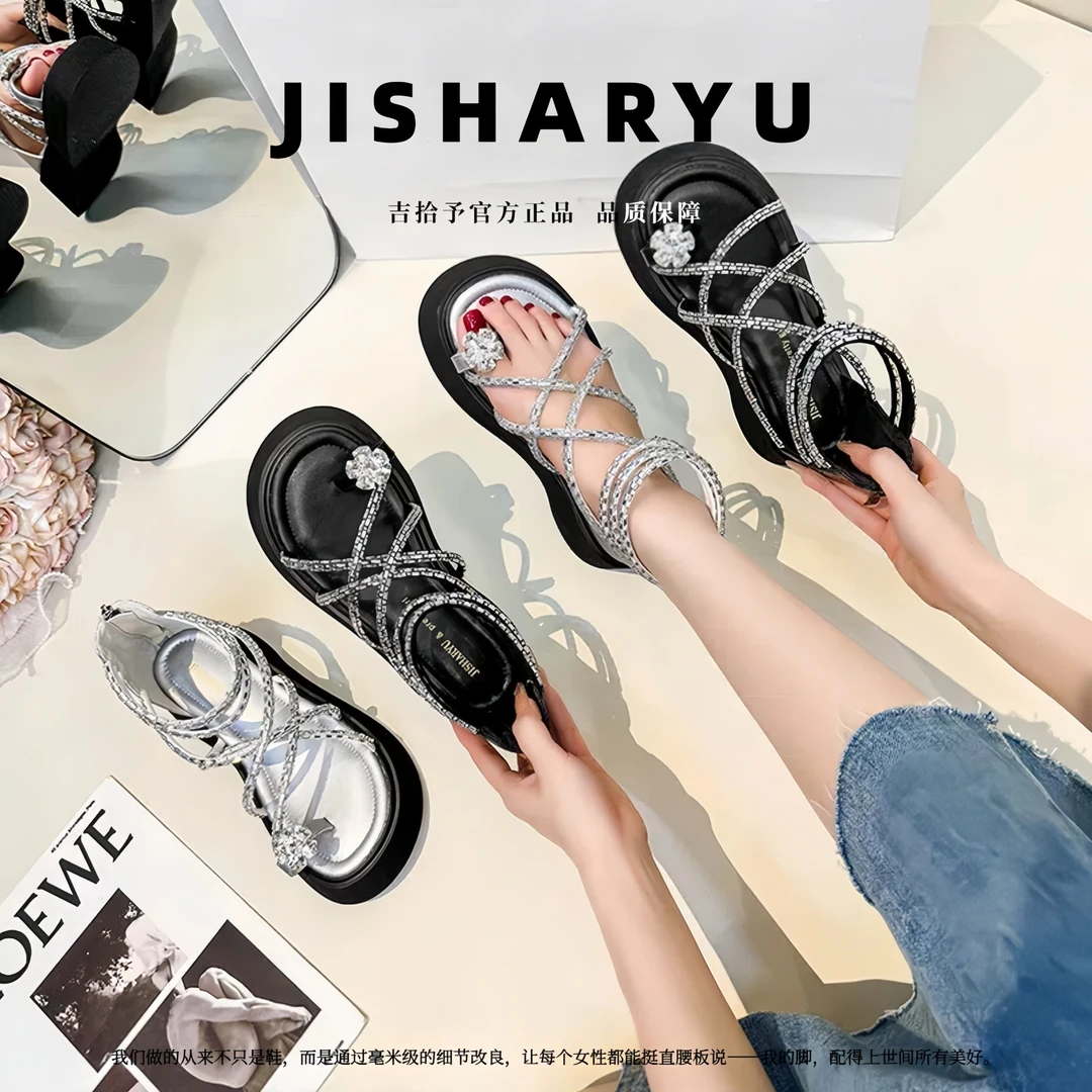 加肥加宽大码女款罗马风仙女水钻仙气飘飘夏靴休闲厚底包后跟凉鞋