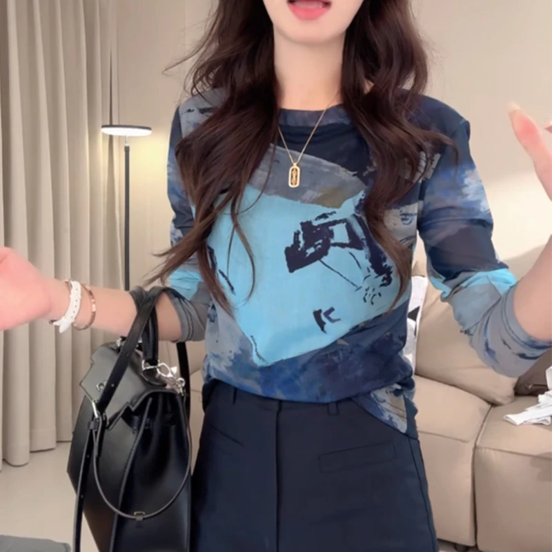 显瘦撞色2025夏秋长袖T恤女网纱薄款休闲百搭圆领水墨印花上衣潮