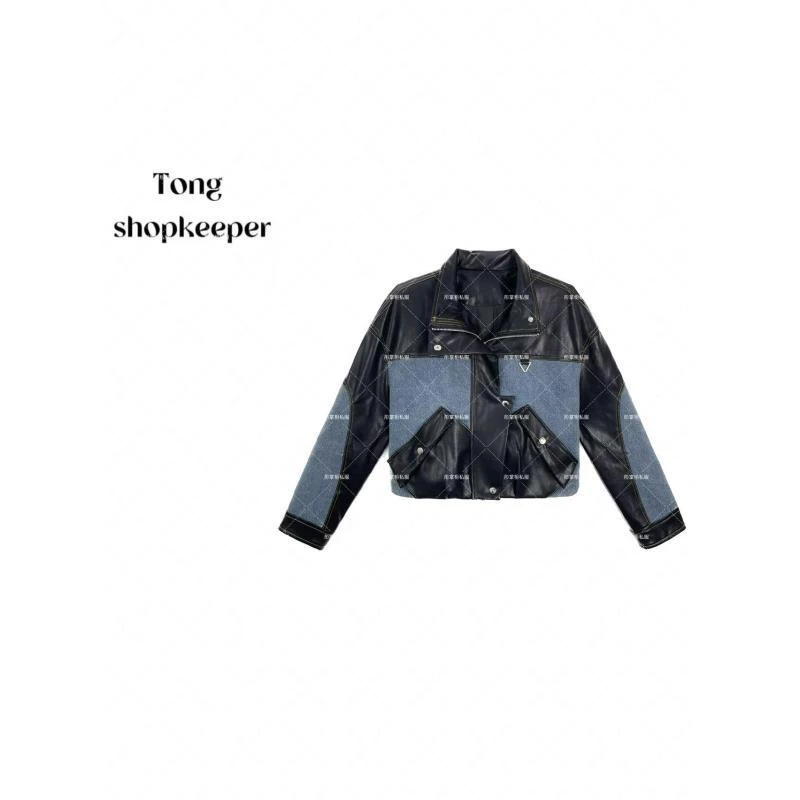 QJ/彤掌柜1682406 秋冬2025高定拼牛仔机车夹克皮衣酷帅方领外套