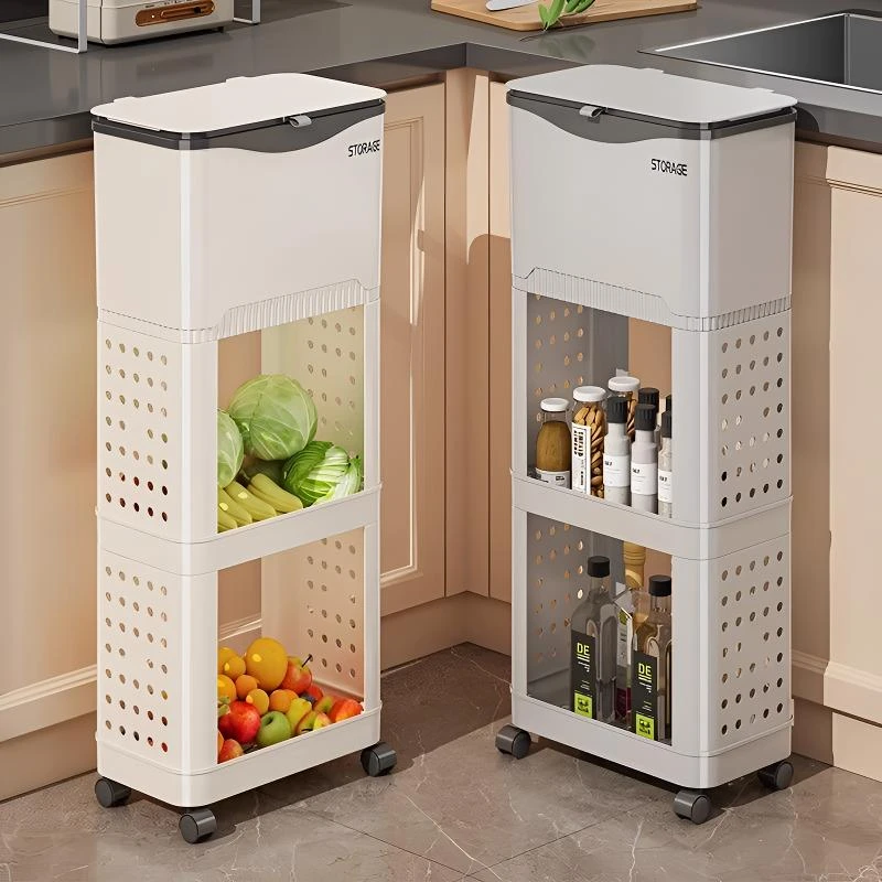 厨房垃圾桶带盖多功能置物架多层落地式滚轮可移动家用浴室收纳桶