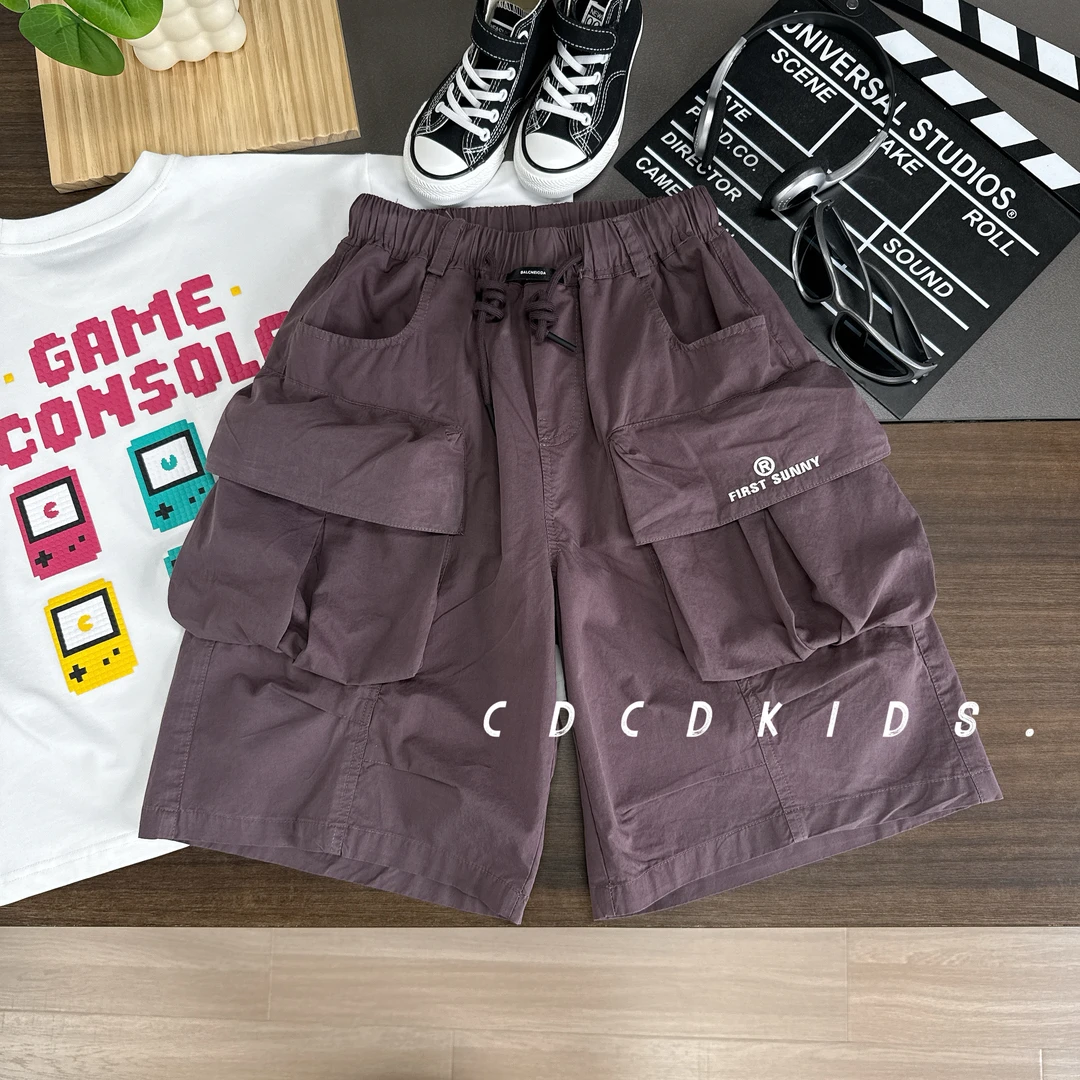 川度儿童夏款潮牌宽松口袋绣字母中裤夏季大口袋五分裤裤子31003