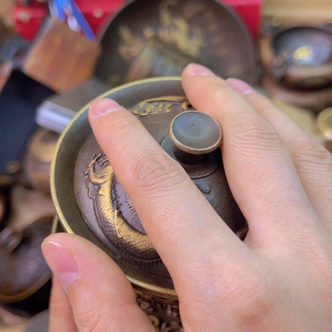 梦**真紫金风磨铜龙凤盖碗