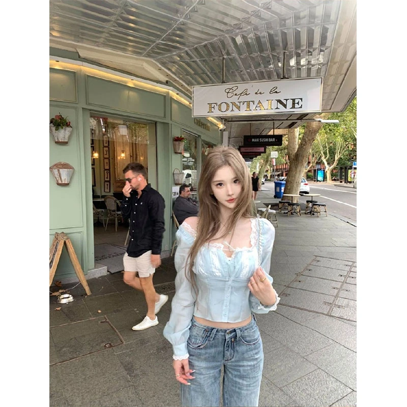 【蓝椰奶冻】ins设计感吊带背心蕾丝荷叶边衬衫配高腰直筒牛仔裤女