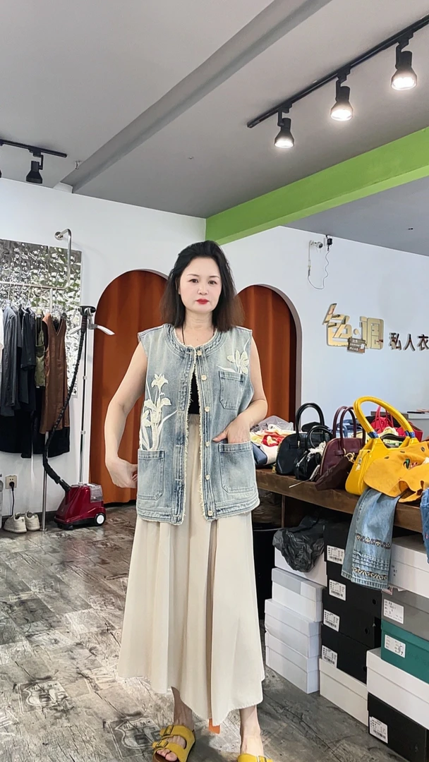 欧货宽松型气质蕾丝显瘦刺绣牛仔马甲