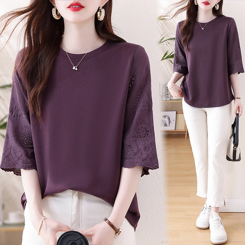 大码女装七分袖t恤2025新款夏季镂空绣花圆领宽松纯色胖MM上衣