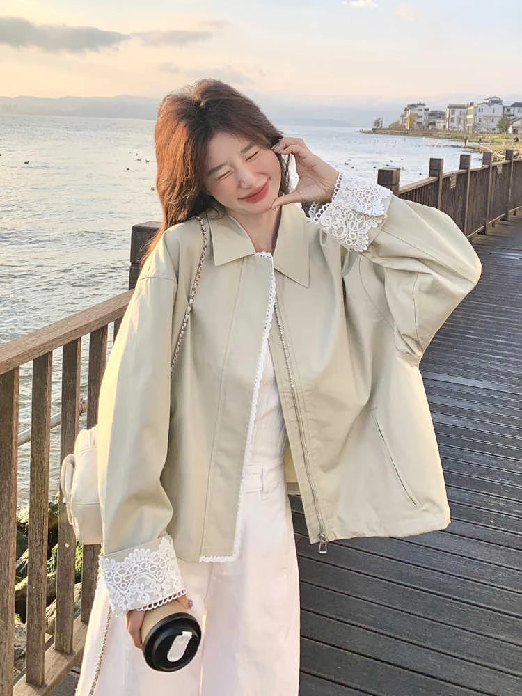 独特超好看蕾丝拼接短外套女小个子2025春季新款休闲百搭夹克上衣