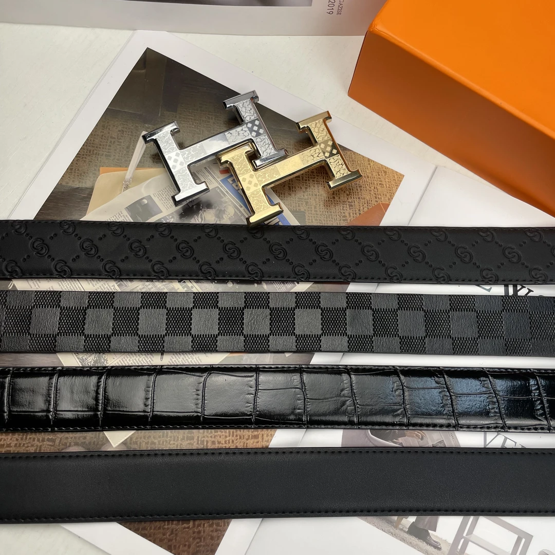 经典高品质轻奢男牛皮腰带潮流商务时尚多用款挂扣板扣压花真皮带