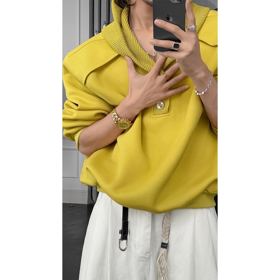 春季新款潮流连帽高级感拼接针织纯色宽松百搭卫衣外套