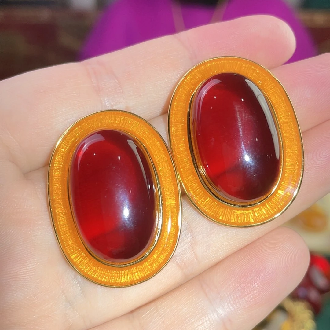 血珀耳钉银S925镀金镶嵌