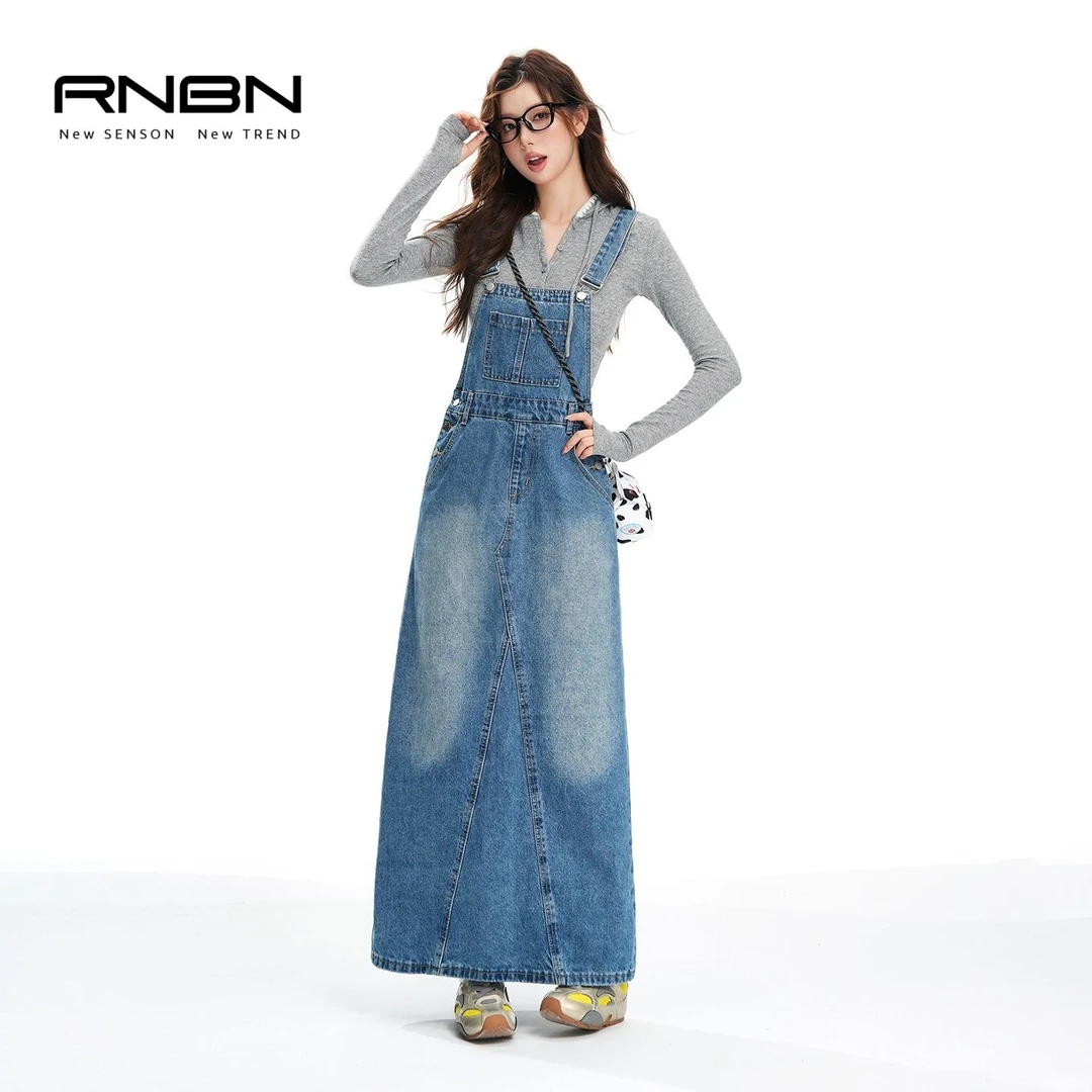 RNBN新款复古收腰显瘦开叉可调节背带牛仔长裙女