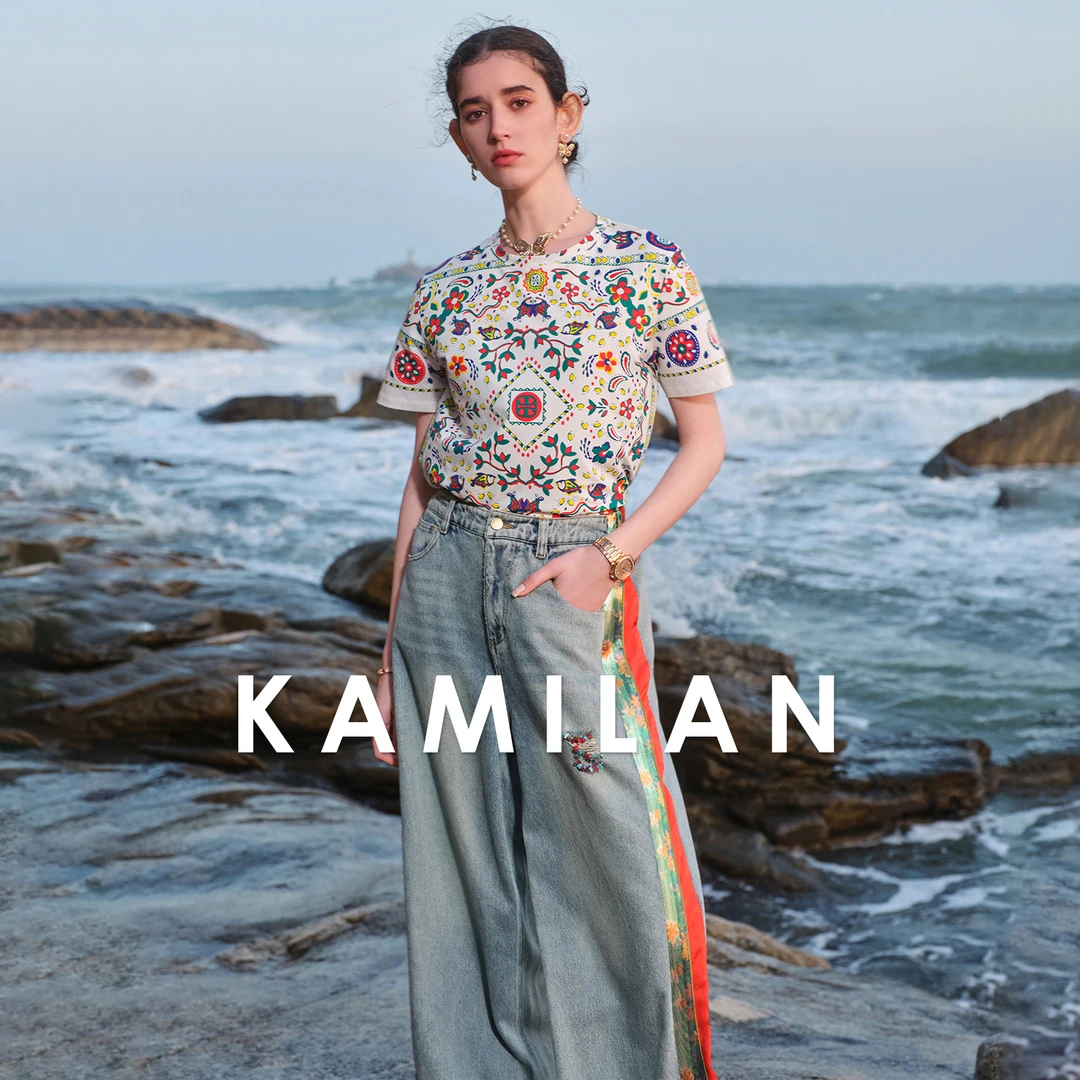 卡米兰法式气质短袖印花T恤女2024夏季新款宽松短款休闲百搭上衣