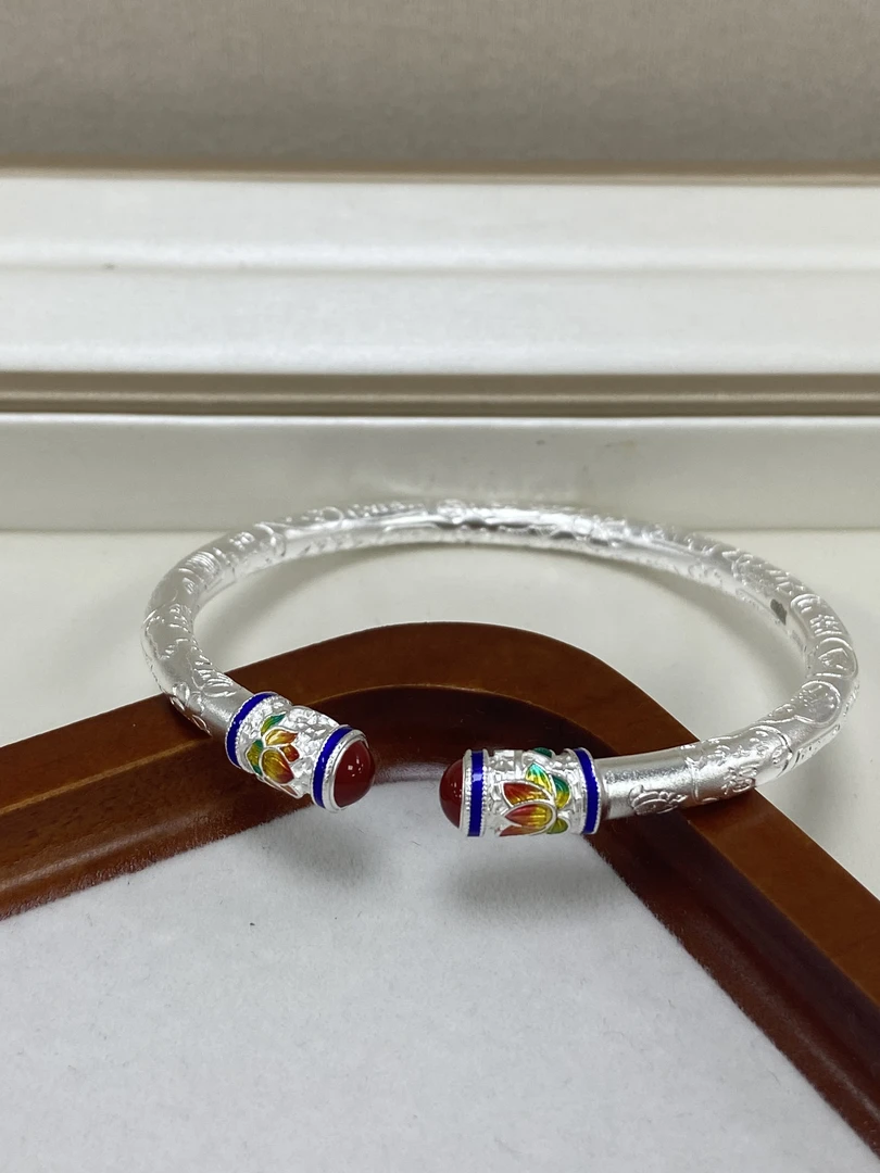 足银珐琅手镯 古法吉言珐琅彩莲花开口实心圆棍手镯复古镯子国风