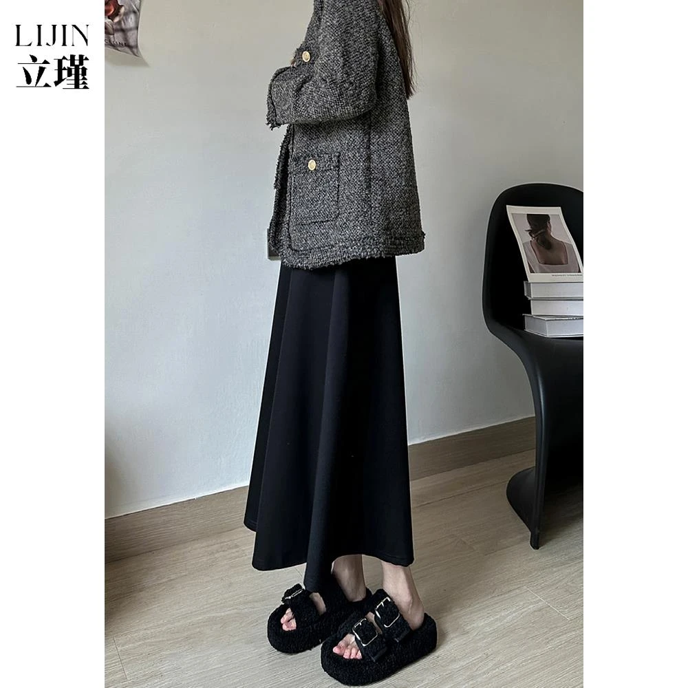 黑色a字裙秋季冬新款高腰显瘦垂褶加厚针织中长伞裙