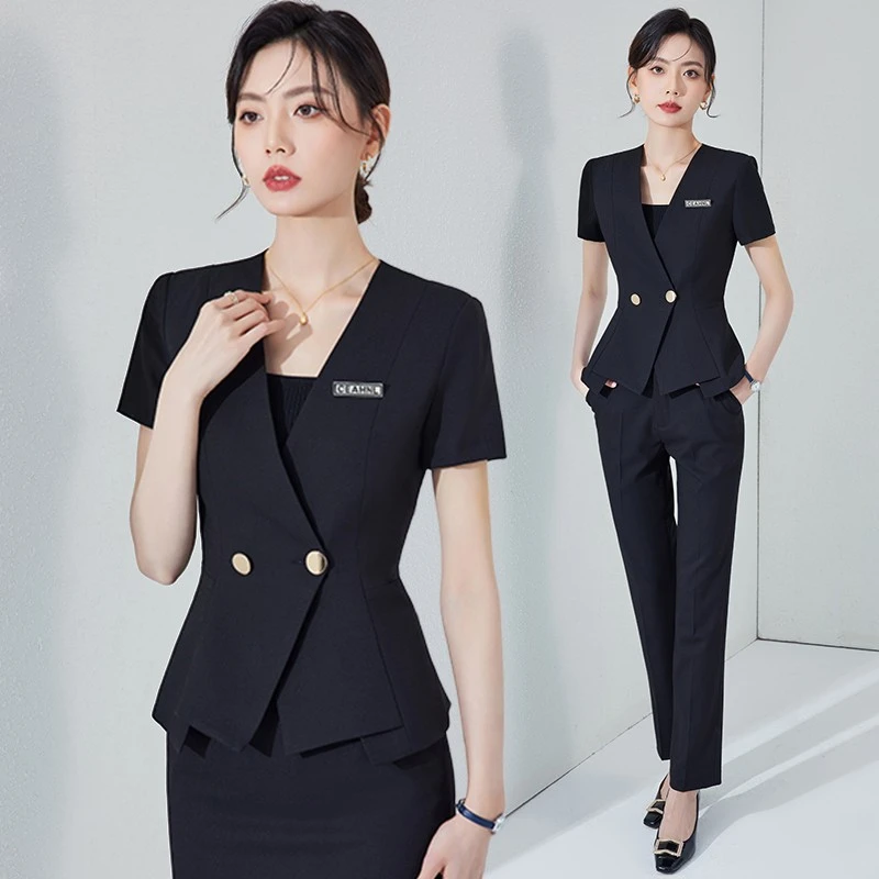 黑色西装外套女夏季新款美容院工作服前台接待职业装西服套装春秋