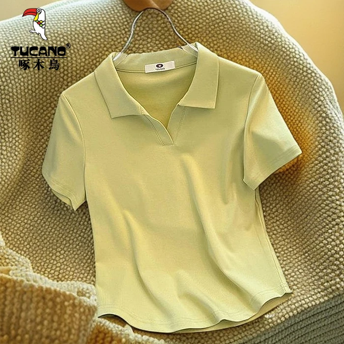 啄木鸟夏季纯色翻领polo衫上衣女宽松显瘦短袖女体恤时尚洋气小衫