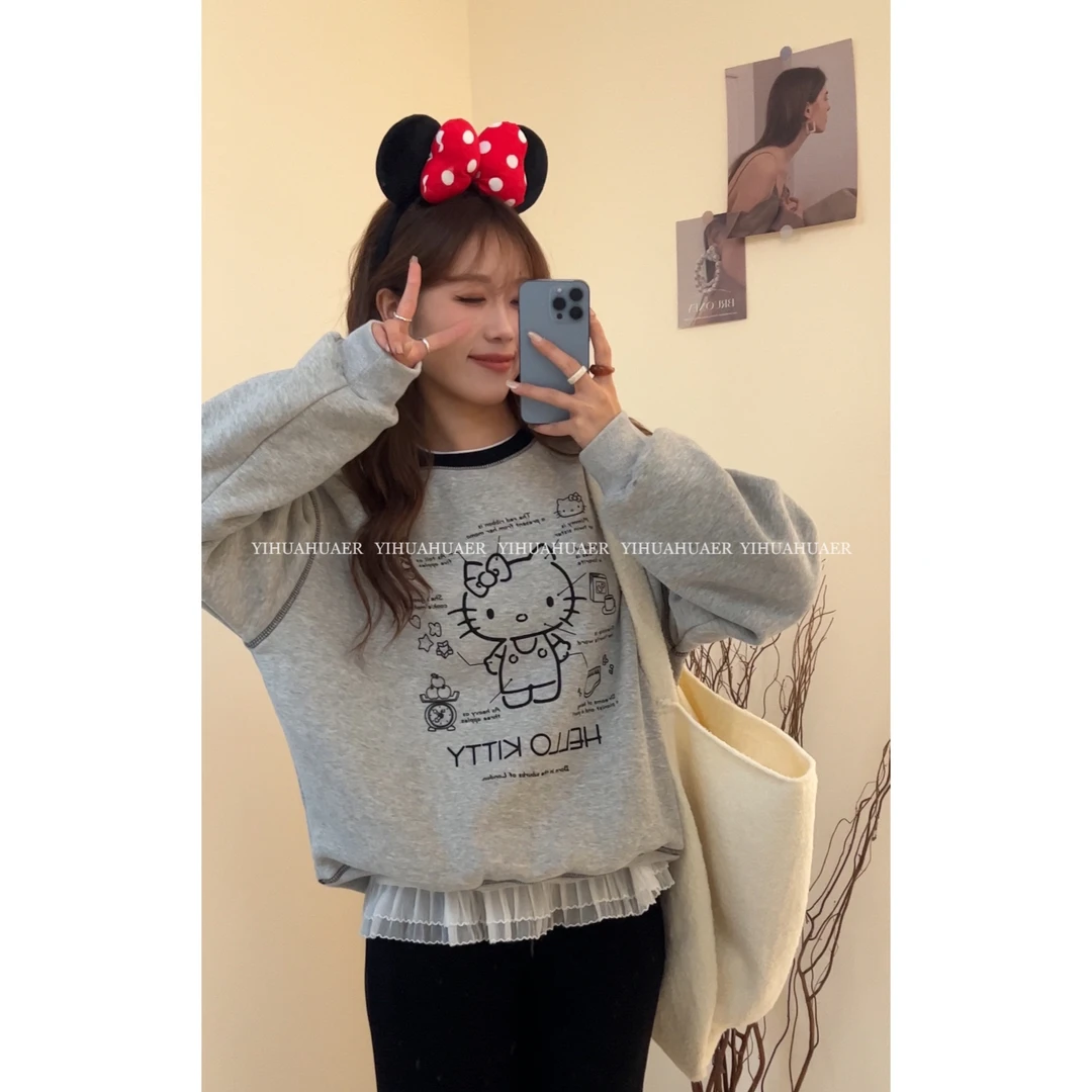 【KT猫假日】B东大门韩国原单韩版时尚百搭小猫印花加绒卫衣2078