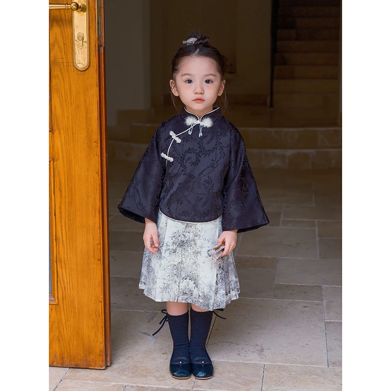 【启萌】B女童2024珍珠盘扣交领上衣水墨国风百褶裙套装C3A6110