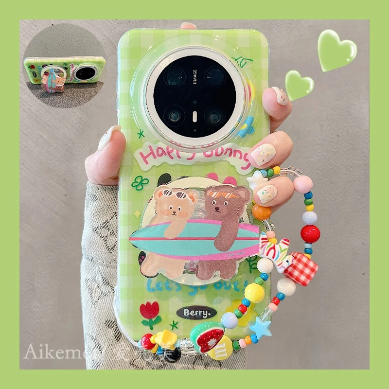 适用华为mate70pro+手机壳郊游兔子Mate60pro+冲浪小熊磁吸支架女