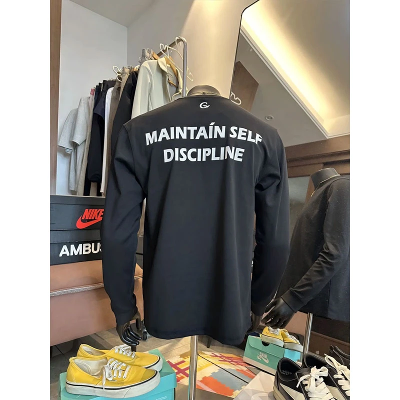 黑色标语字母印花卫衣男款秋季美式小领口正肩长袖t恤内搭打底衫