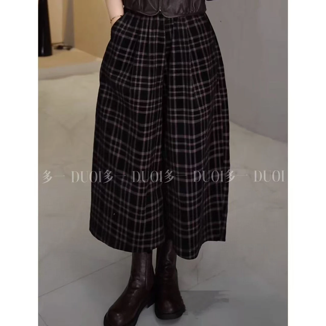 多一“格调”2025秋季慵懒撞色拼接格子条纹松紧腰百搭休闲阔腿裤