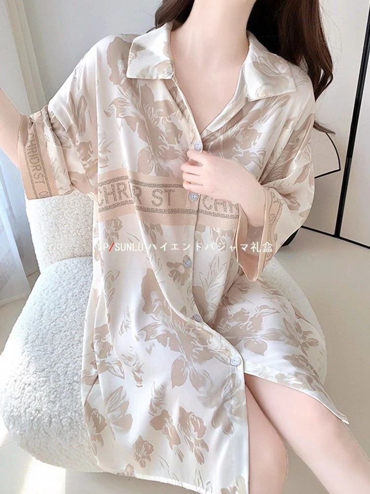gpsunlu轻奢性感衬衫男友风冰丝睡裙睡衣女薄款夏季居家服可外穿