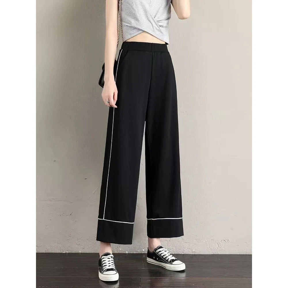 843 针织阔腿裤女夏薄款高腰九分休闲宽松显瘦百搭直筒裤子A6