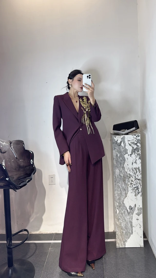 时尚女士西服套装羊毛气质女装休闲设计师双面酒红色网红