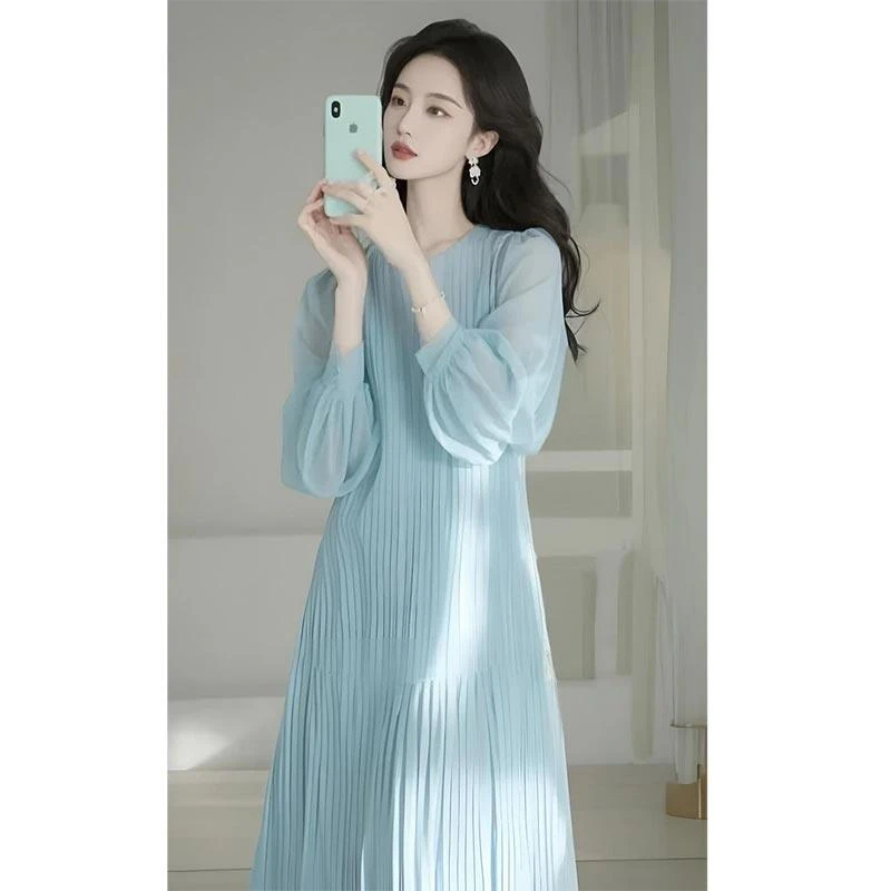 法式高级感温柔风蓝色连衣裙女2025年春季新款气质休闲中长款裙子
