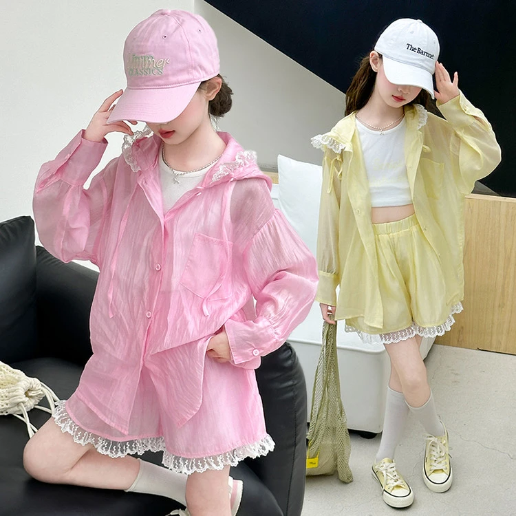 女童夏季防晒衣套装2025新款韩版时尚洋气大童外套短裤背心三件套