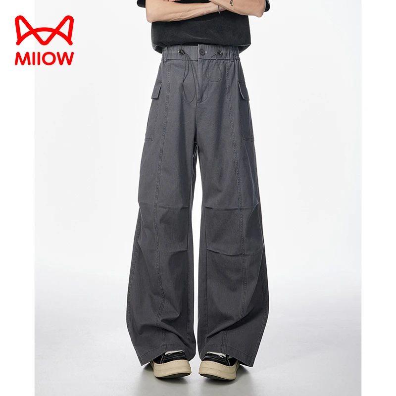 MiiOW/猫人美式复古痞帅松紧腰直筒休闲裤季潮牌宽松百搭直筒长裤