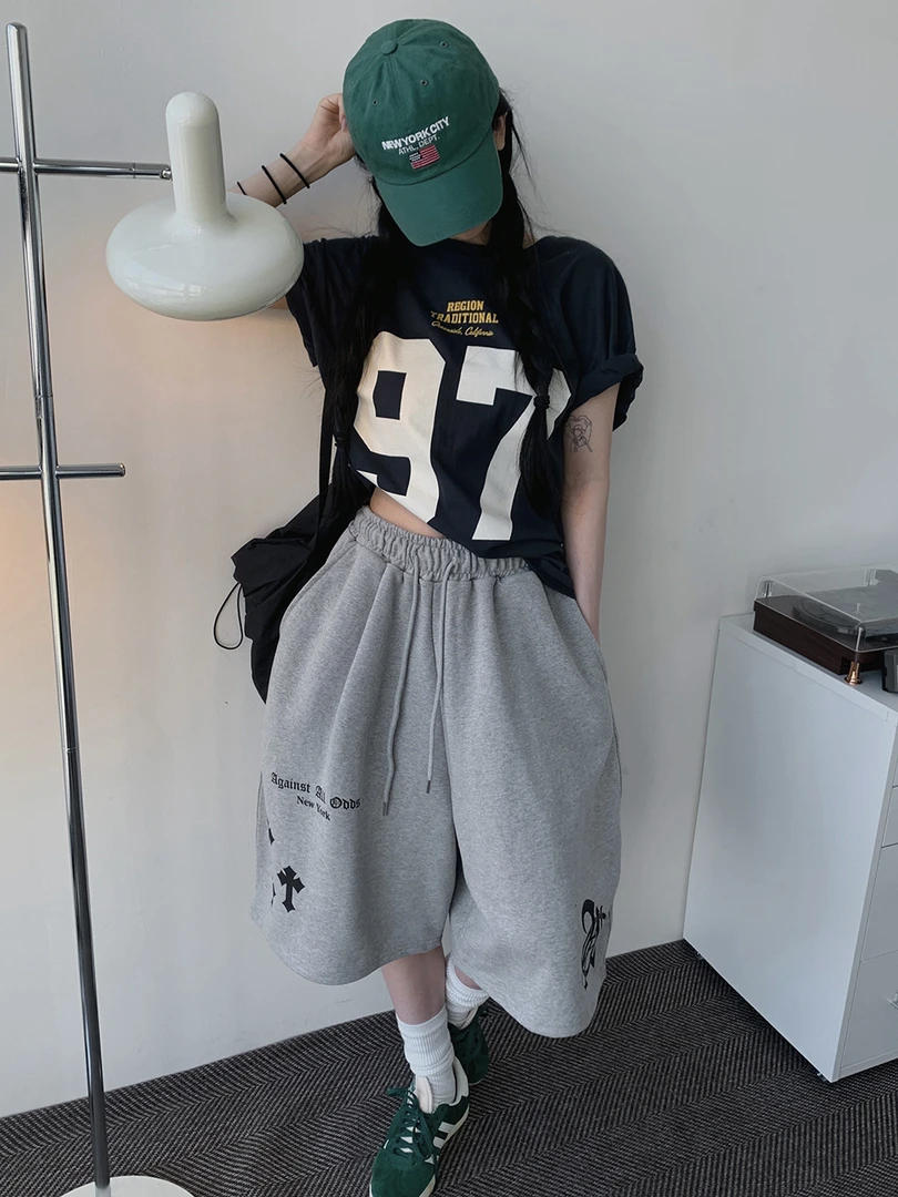 印花休闲裤标准夏季潮流宽松时尚短裤潮美式中裤透气