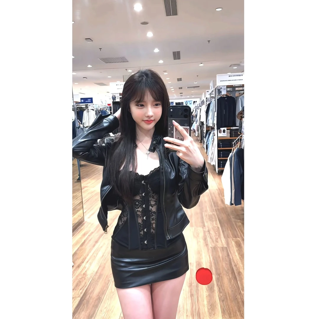 美式复古经典辣妹黑色酷女孩立领修身机车皮衣外套短裙三件套装