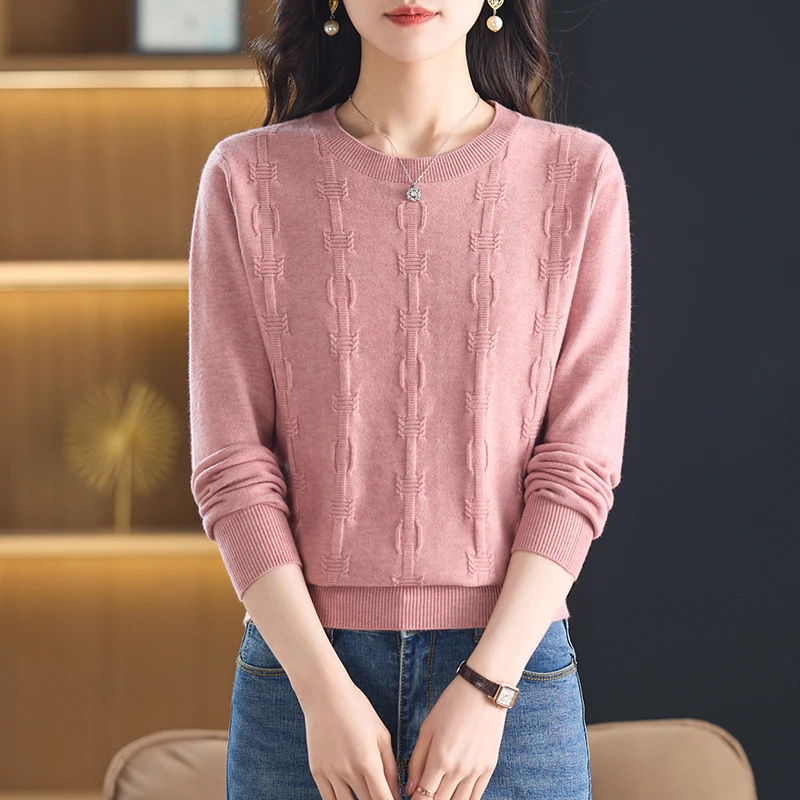 2025春秋新款圆领长袖针织衫女式休闲宽松百搭纯色洋气薄款上衣