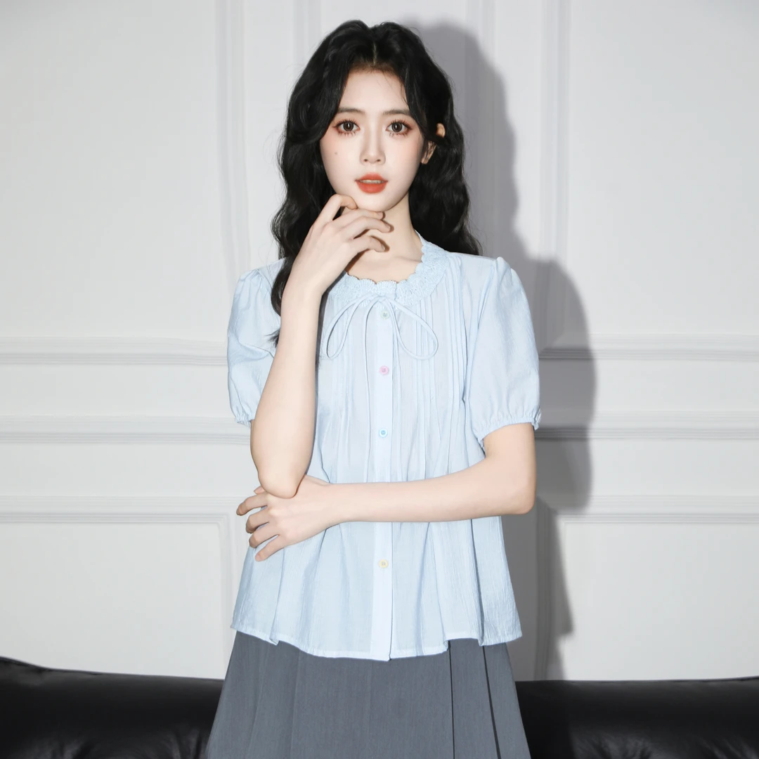 蓝色泡泡袖衬衫女夏2025夏季新款法式蕾丝花边短袖娃娃衫别致上衣