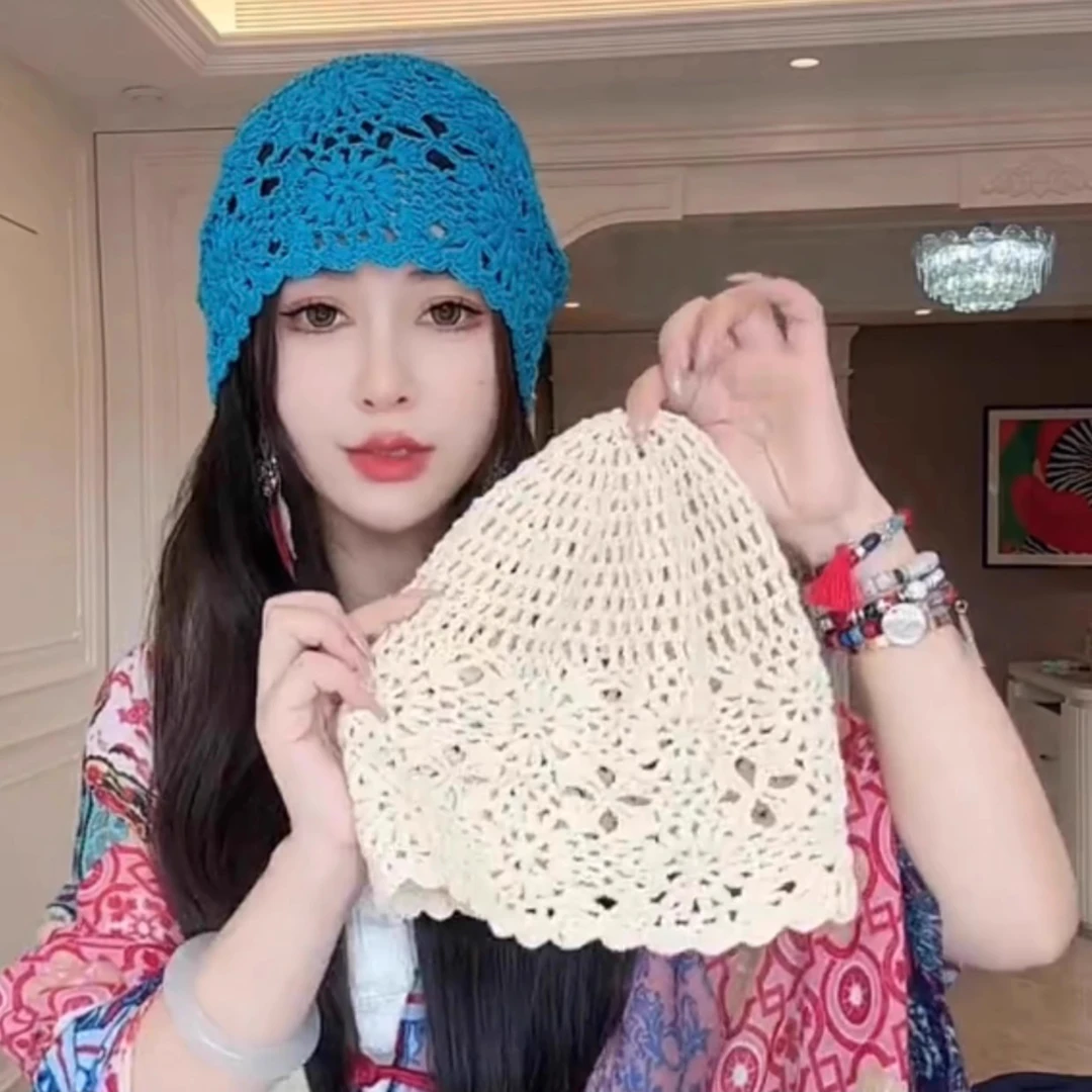 手工钩花针织帽子女春夏季薄款镂空透气度假包头帽复古文艺堆堆帽