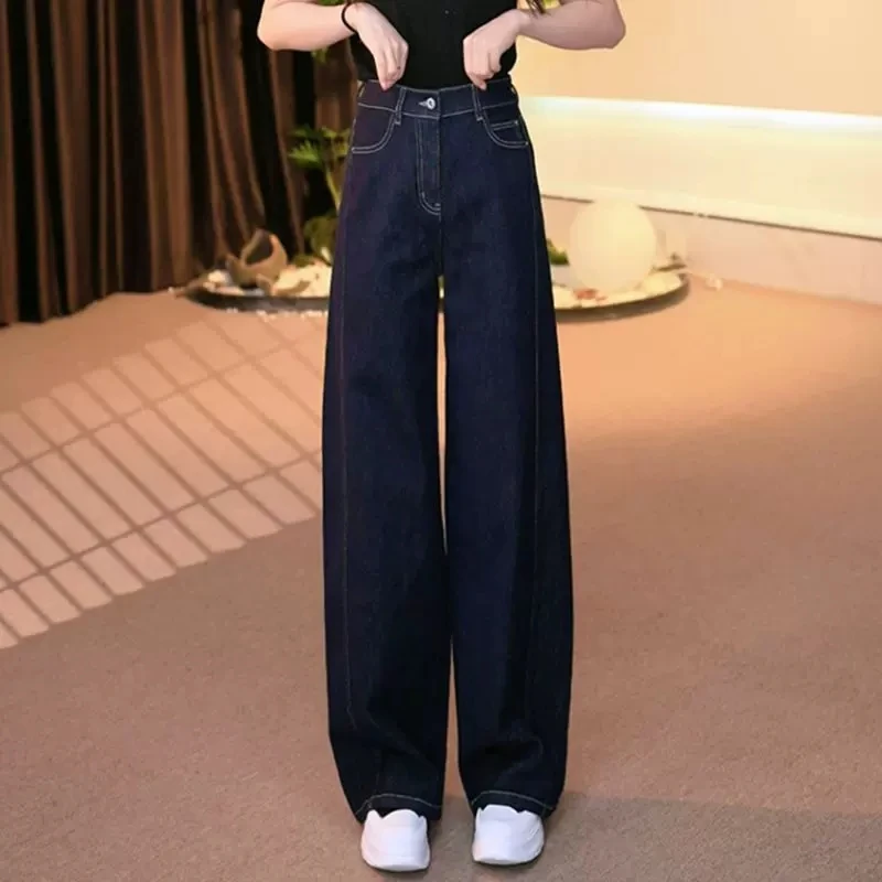 薄款秋季常规款松紧高腰牛仔裤裤子韩版春秋直筒显高高时尚垂感