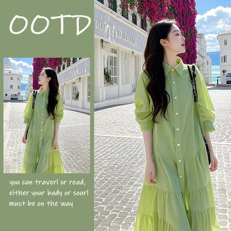 2025法式多巴胺绿色连衣裙夏季新款微胖小香风荷叶边衬衫裙慵懒风